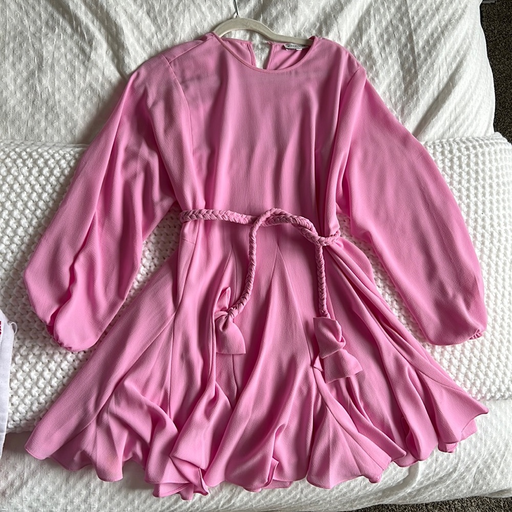 Riley Braided Belt Long Balloon Sleeve Crew Neck Swing Dress